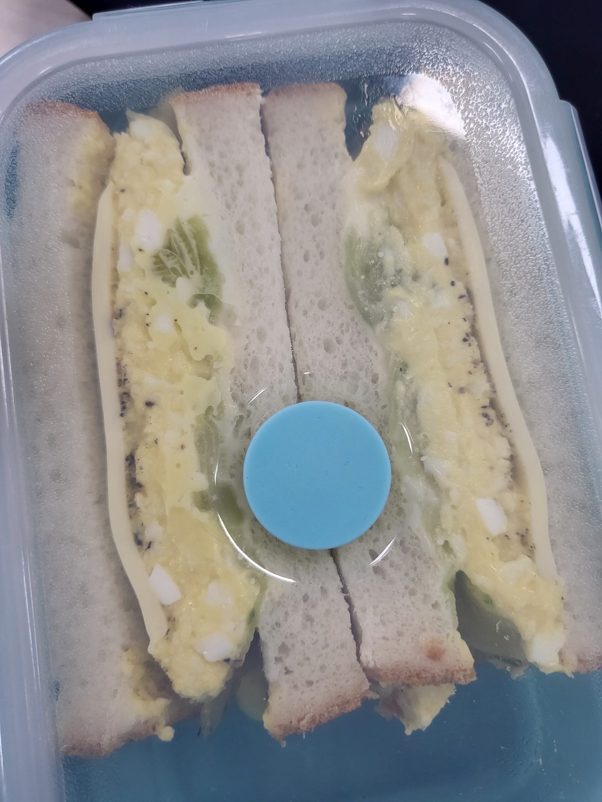 an egg sandwich, halved, sitting in the blue container